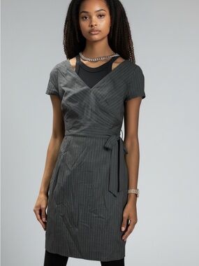 Banana Republic Charcoal Pinstripe Wrap-Style Midi Dress